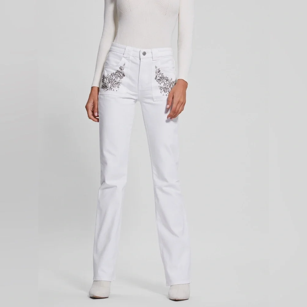 New Guess White Flare Jeans with Floral Embroidery SZ 26 - Picture 3 of 11
